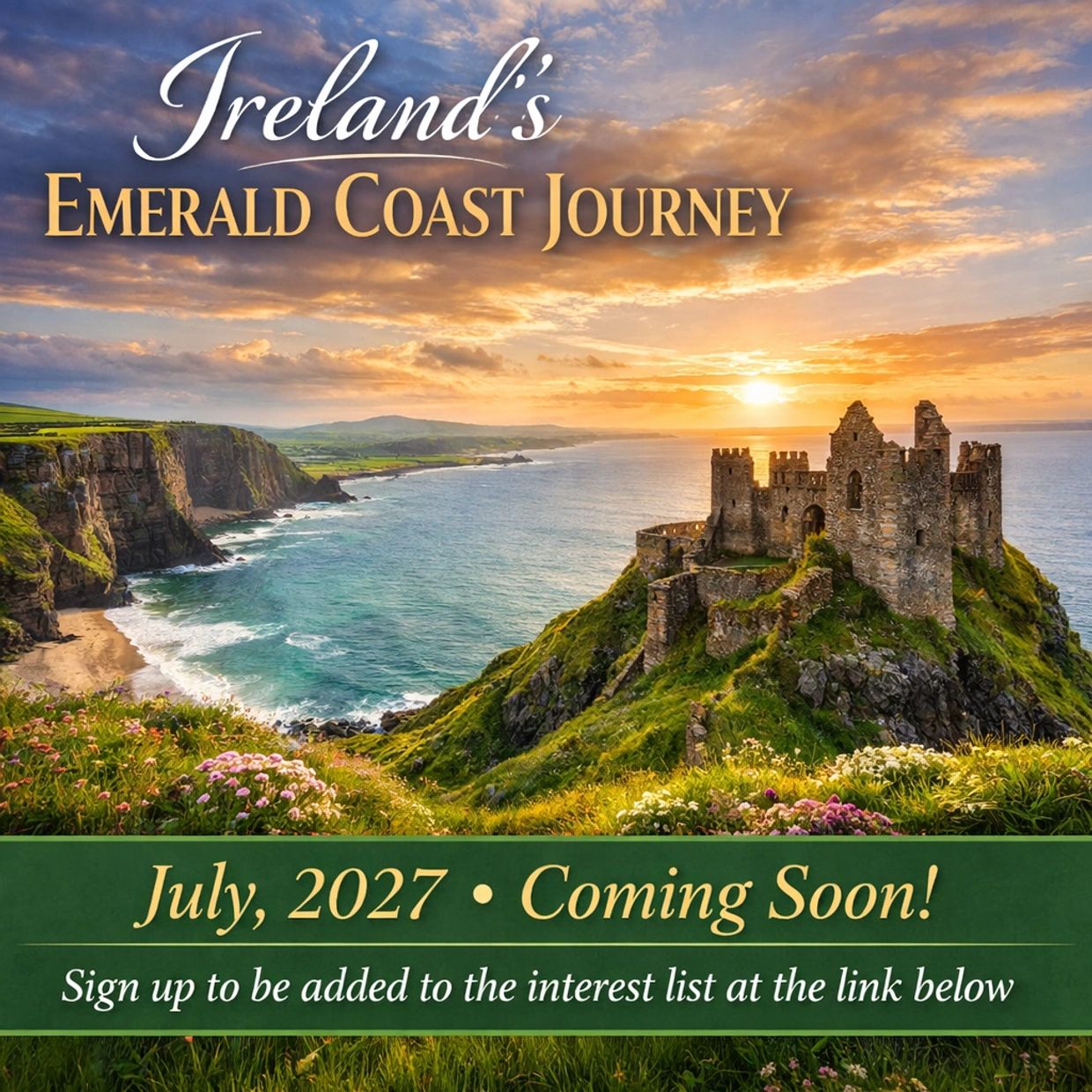 Scenic view of Ireland's Emerald Coast with castle ruins at sunset.