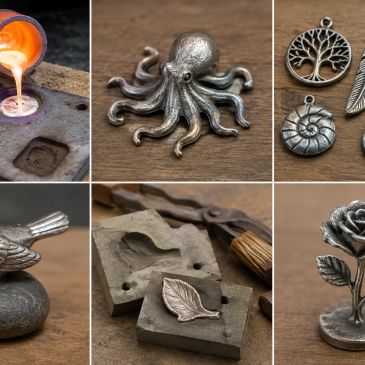 Various silver metal castings including octopus, bird, and decorative pendants.