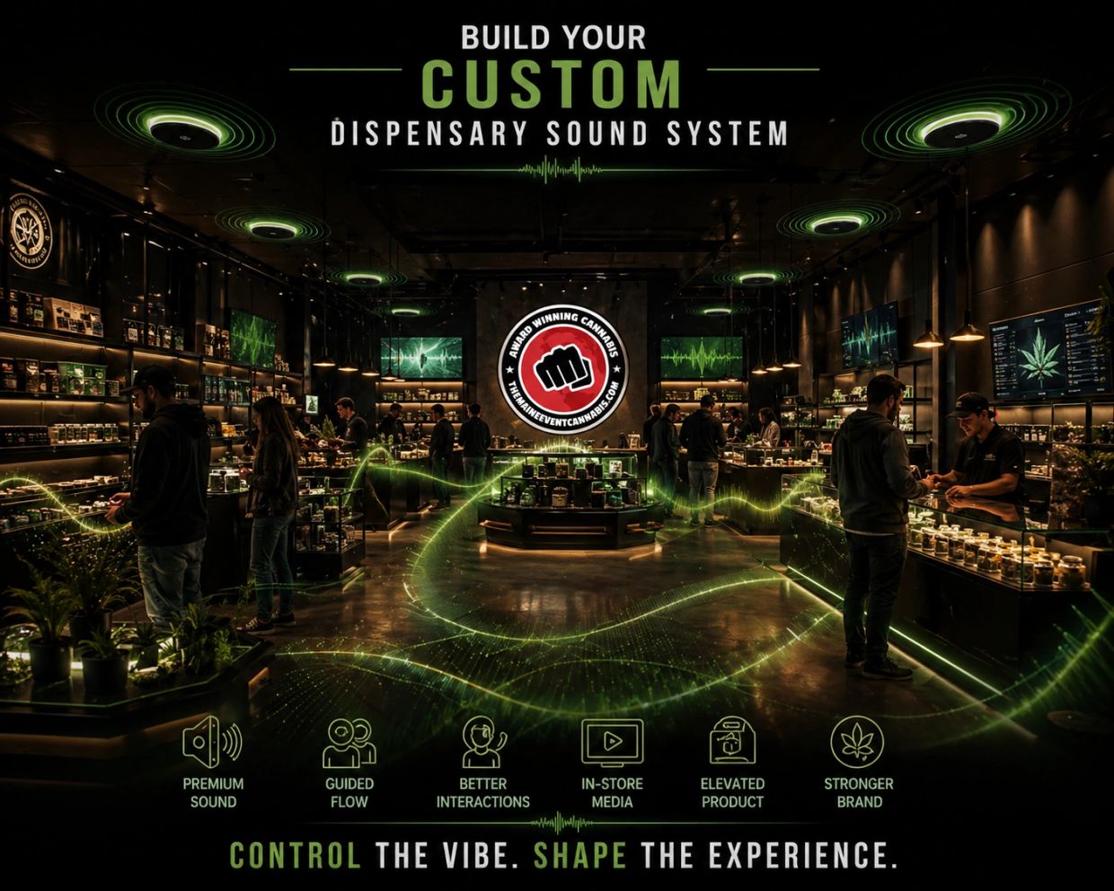 Modern cannabis dispensary showcasing custom sound system benefits.