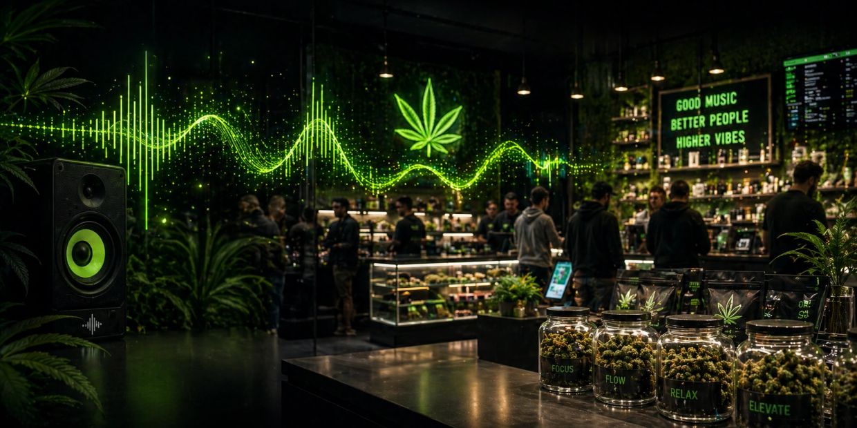 A modern cannabis dispensary with neon green decor and jars labeled with effects.