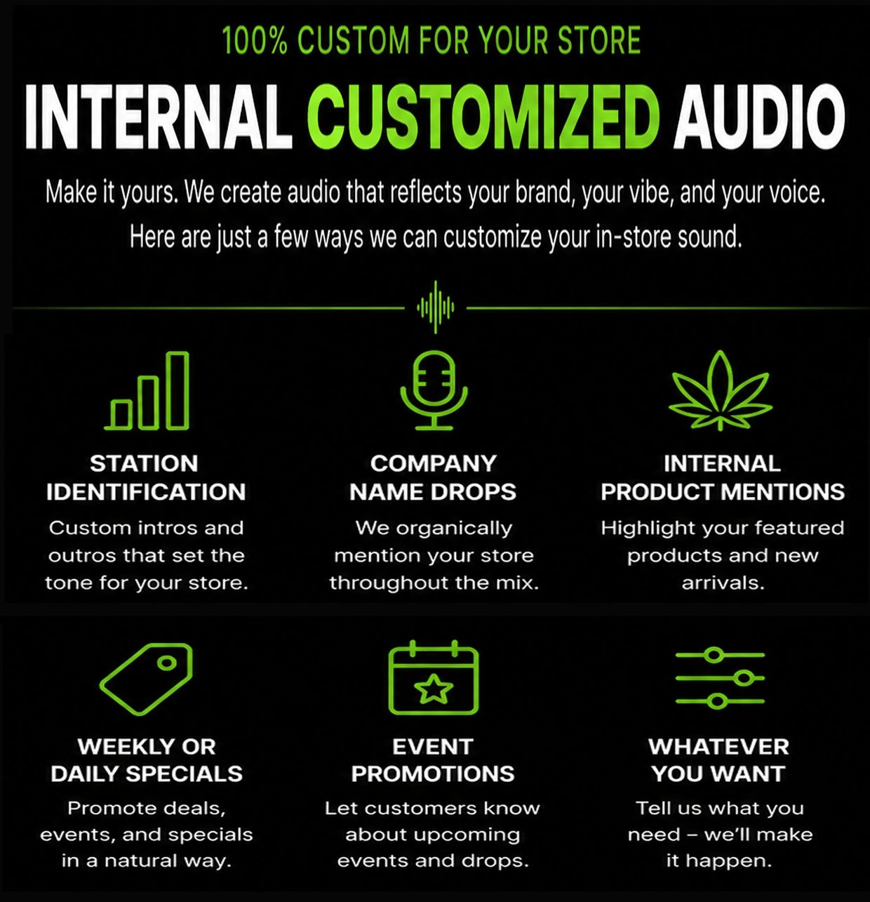 Custom internal audio for stores with personalized intros, promotions, and product mentions. In Store, web site, social media and event promotions.