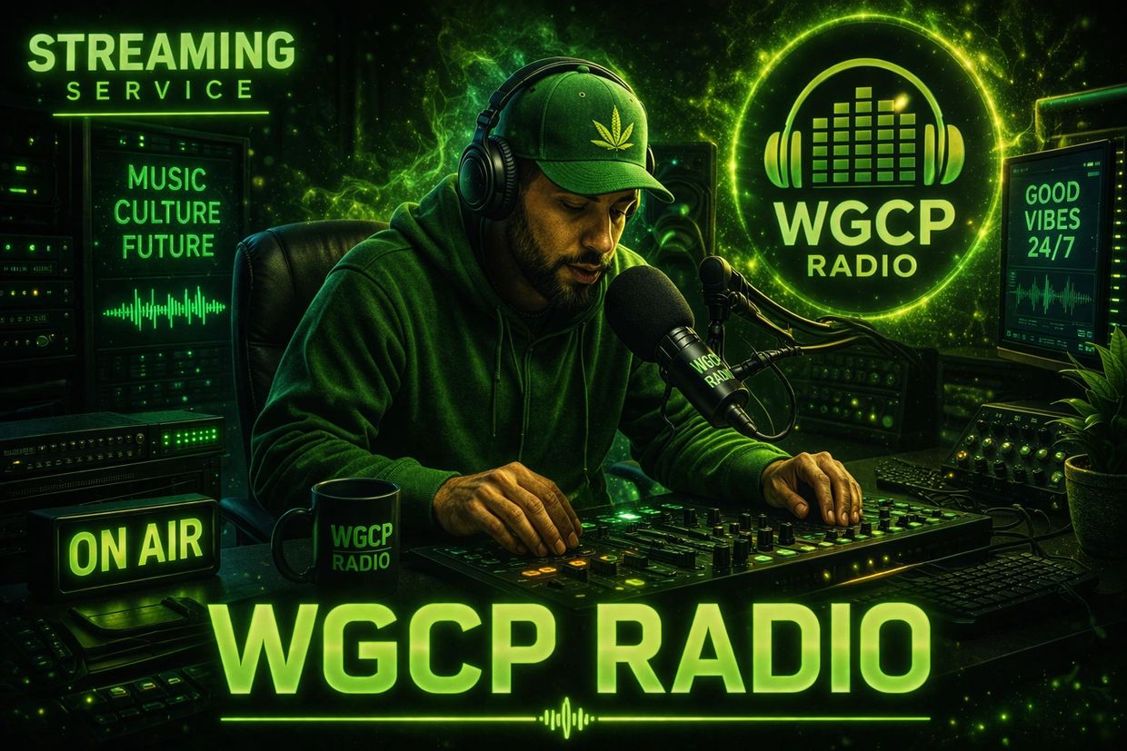 Radio host streaming live on WGCP Radio with vibrant green neon theme.