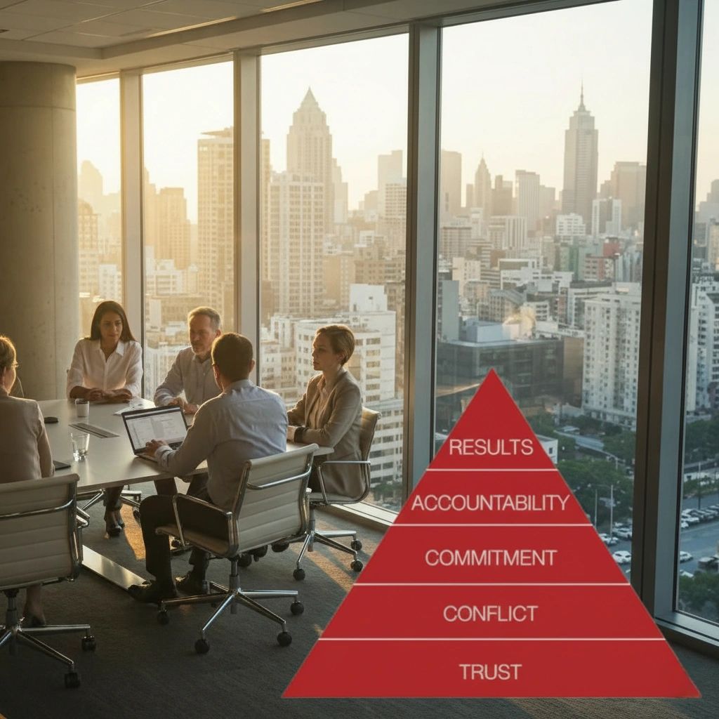 Business team meeting in modern office with teamwork pyramid overlay.