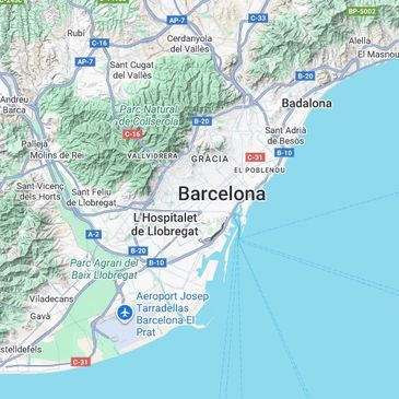 Map showing Barcelona and surrounding areas including airport and parks.