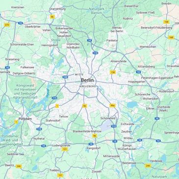 Map showing Berlin and surrounding areas with main roads and towns.