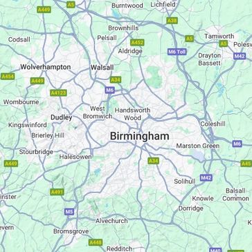 Map showing Birmingham and surrounding towns with major roads and motorways.