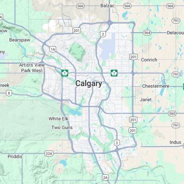Map showing the city of Calgary and surrounding areas with highways and neighborhoods labeled.