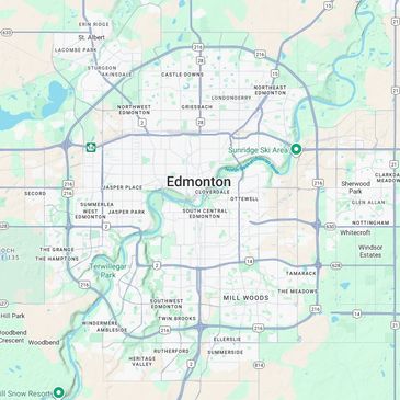 Map of Edmonton highlighting neighborhoods and main roads.