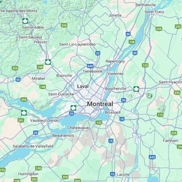 Map showing Montreal and surrounding areas with highways and towns.