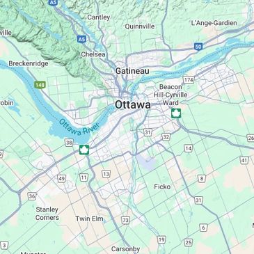 Map showing Ottawa and Gatineau with surrounding areas and major roads.