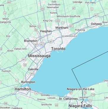 Map showing Toronto and surrounding cities in Ontario, Canada.