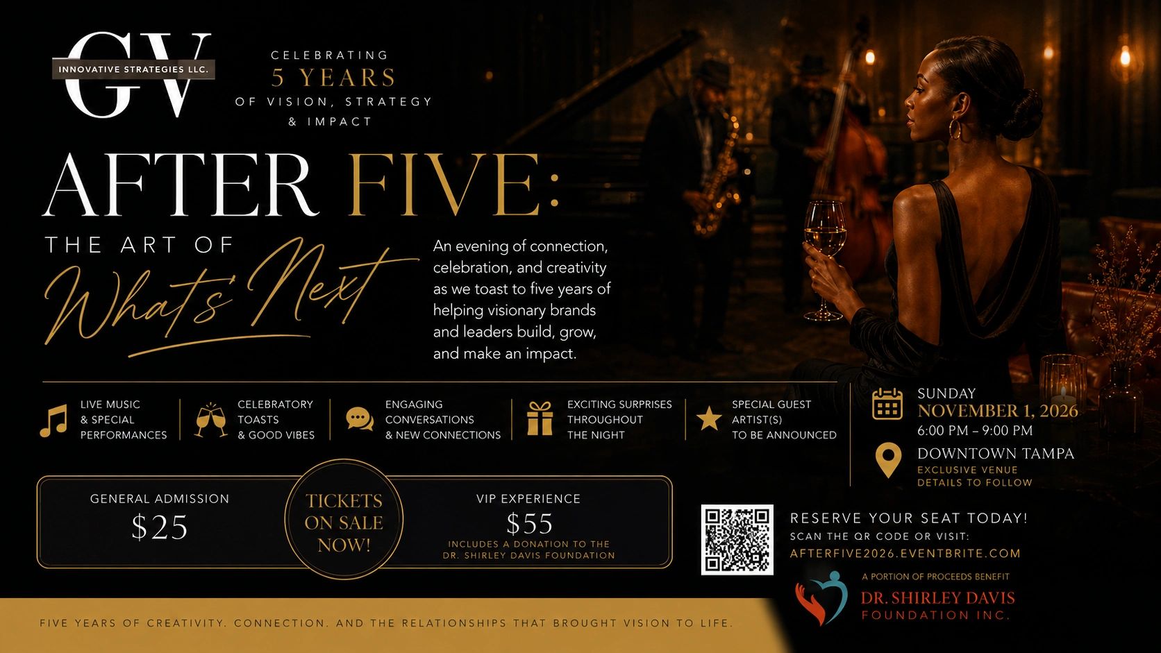 Event flyer for GV Innovative Strategies' 5-year celebration with live music and VIP options.