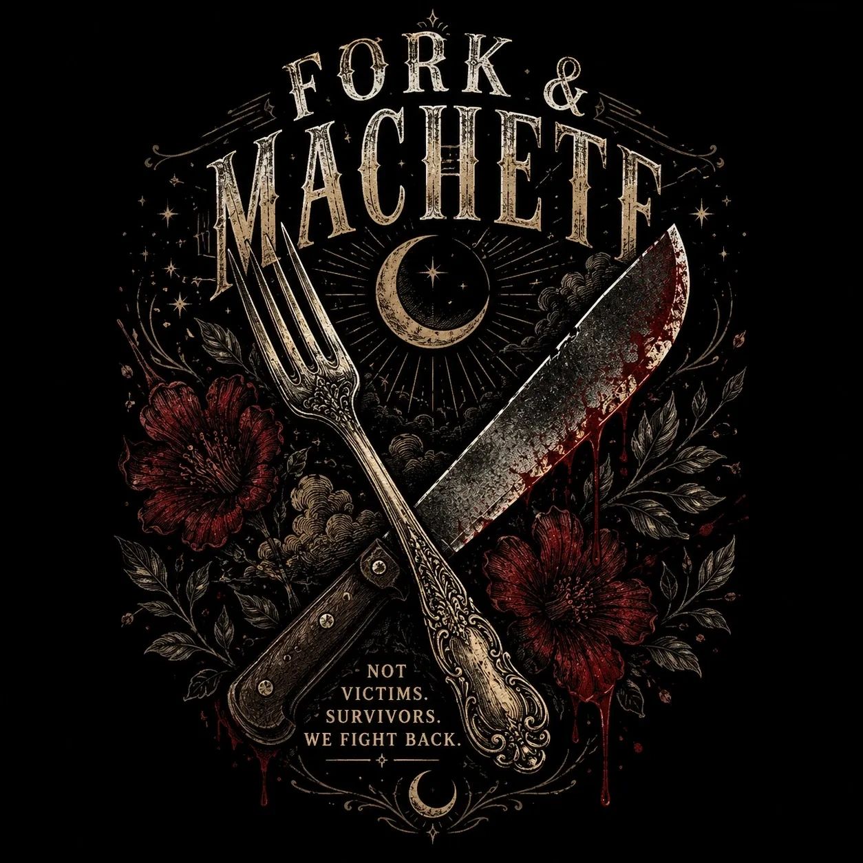 Fork and machete brand logo.