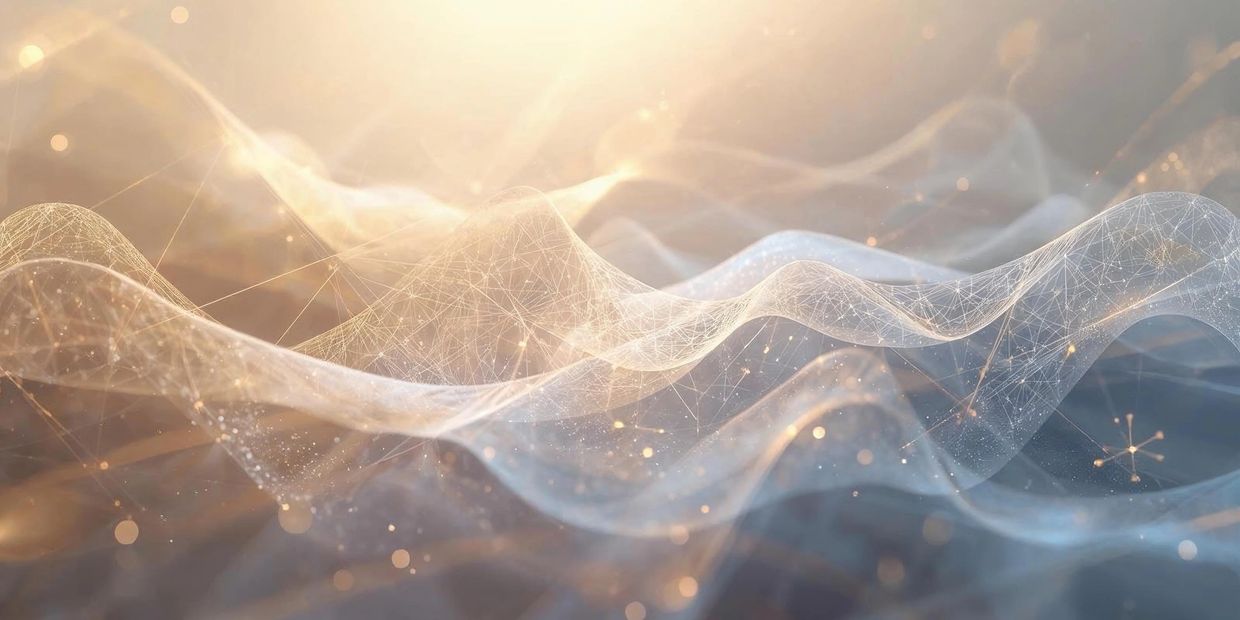 Abstract digital waves with interconnected nodes glowing in soft sunlight.