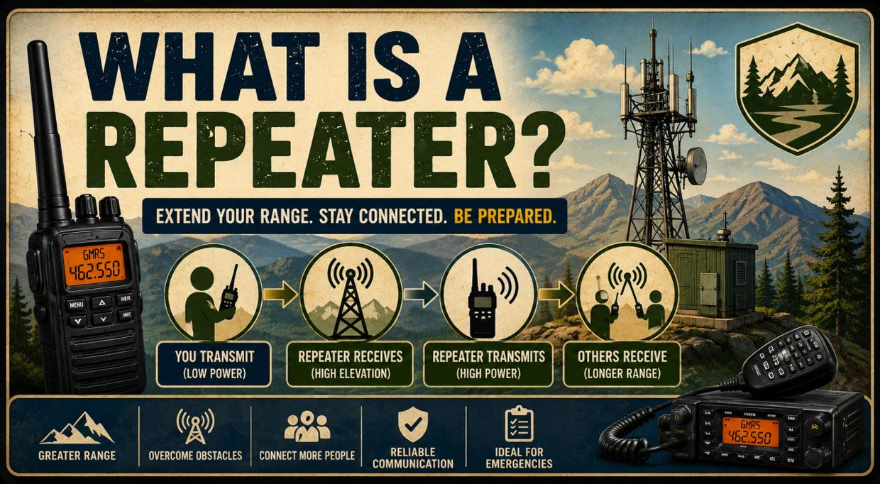 Diagram explaining how repeaters extend radio communication range with a high elevation tower.