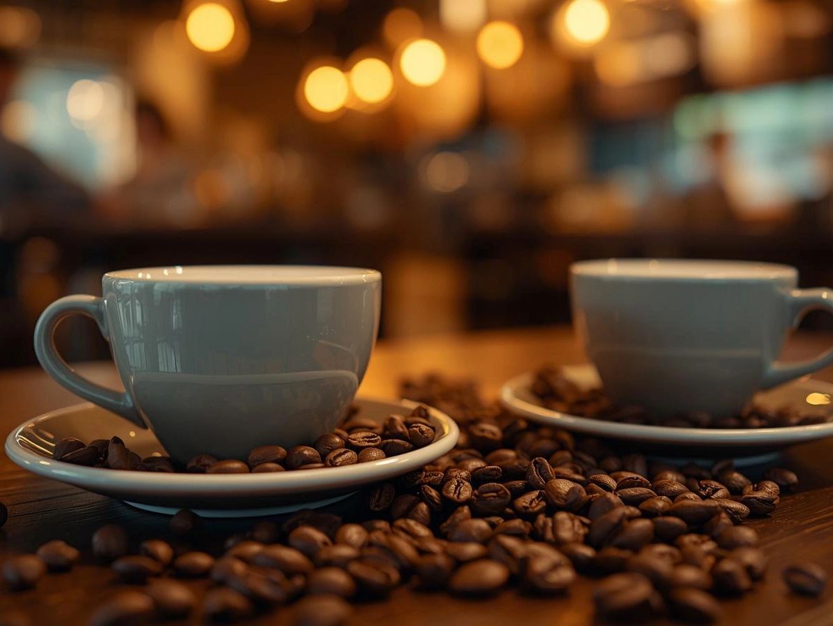 Two white coffee cups surrounded by coffee beans in a warm cafe setting.