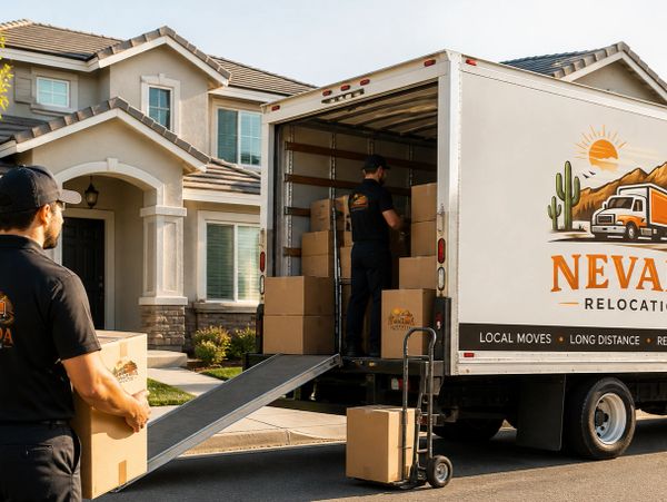 Two movers loading boxes into a Nevada Relocation truck in front of a house.