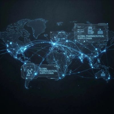 Digital map showing global pharmaceutical supply chain connections.