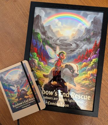 Framed fantasy poster and notebook with colorful artwork of fairy and badger under rainbow.