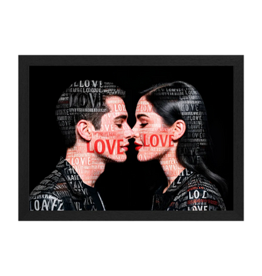 Couple facing each other with 'LOVE' text overlay on their faces and clothes.