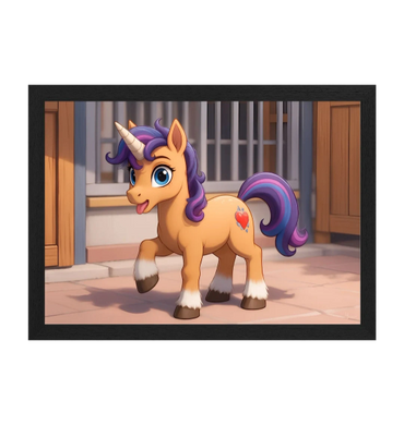 A cute cartoon unicorn with purple mane and a heart tattoo on its side.