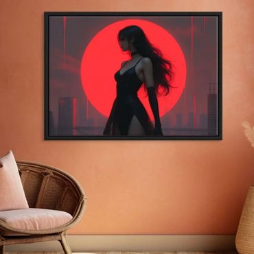 Silhouette of a woman in front of a large red sun with cityscape background.