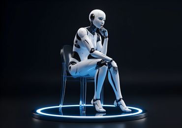 A humanoid robot sitting thoughtfully on a transparent chair under blue light.