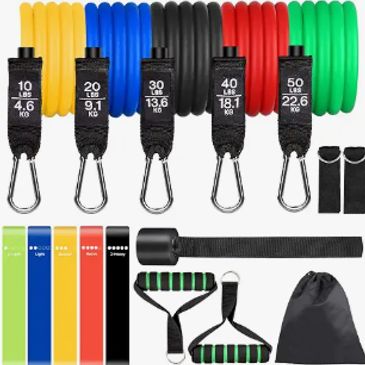 Set of colorful resistance bands with handles and accessories.