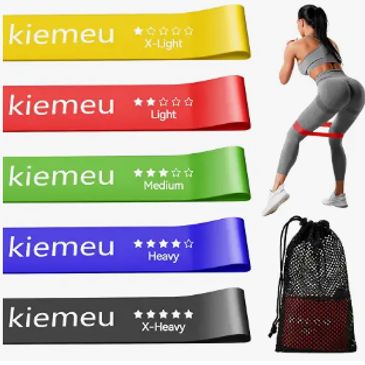 Colored resistance bands labeled by intensity with a workout example.