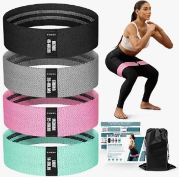 Set of four colorful resistance bands with exercise instructions and carrying bag.