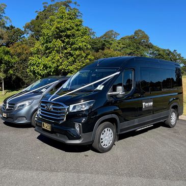 Black van decorated for a wedding with white ribbons.
