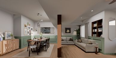 Modern open-plan living and dining area with green accents and wooden furniture.