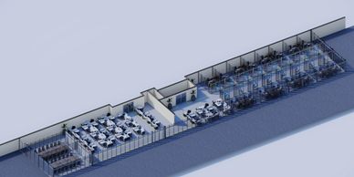 3D floor plan of a modern office space with workstations and meeting rooms.