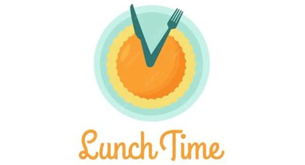 Lunch time depicted with fork and knife clock.