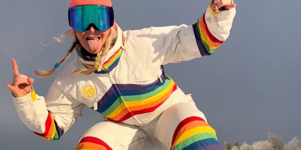 Snowboarder in Rainbow suit