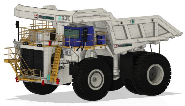 Detailed 3D model of a large mining dump truck with visible structural elements.