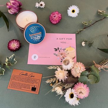 Candle Gift Box including a candle and a bunch of home grown dried flowers, a personalised gift card