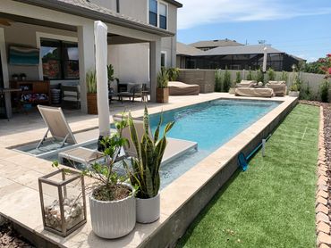 Modern backyard pool with lounge chairs and covered seating area.