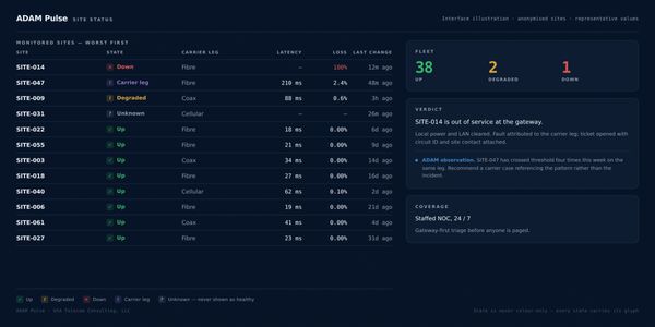 ADAM Pulse interface illustration: a fleet status view listing anonymised monitored sites worst-firs