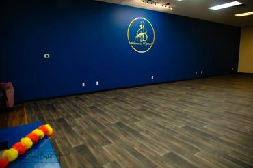 Empty dance studio with dark blue walls and wooden flooring.
