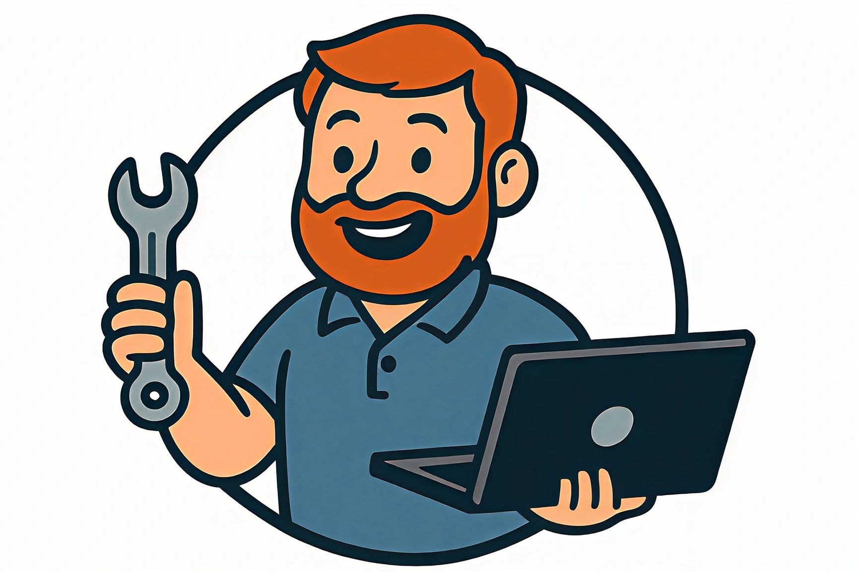 Cartoon friendly handyman holding a wrench and laptop with text 'Your Handy Neighbour' offering home services