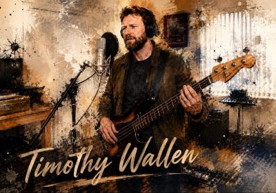 Timothy Wallen playing bass guitar in a studio with headphones.