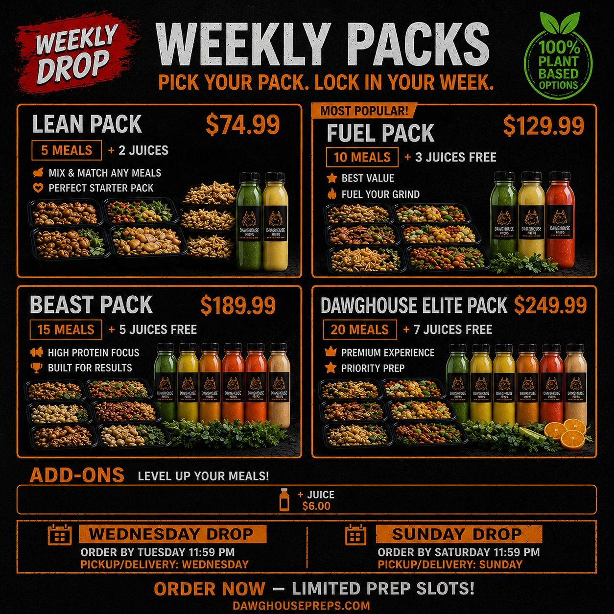 Weekly meal packs with plant-based options ranging from 5 to 20 meals, with juices included, and flexible drop schedules.