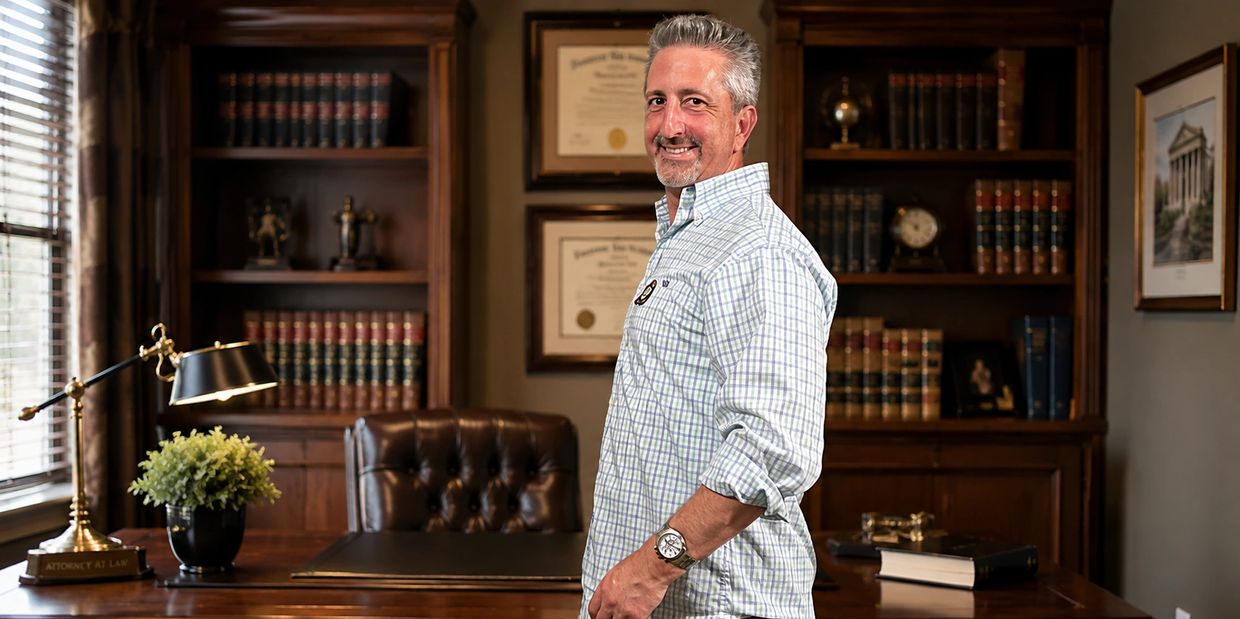 Man smiling in office with law books.