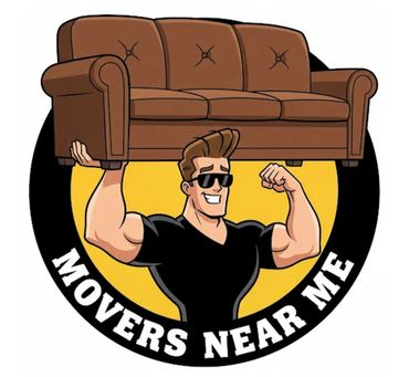 Cartoon muscular man holding a sofa with text 'Movers Near Me'.