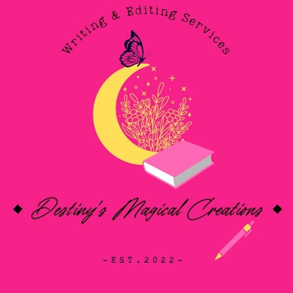 Destiny's Magical Creations' Logo. Pink background with a book, moon, and butterfly. 