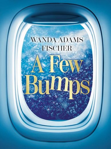 Wanda's book "A Few Bumps." Blue book cover with an airplane window. 