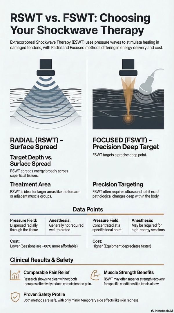 Comparison of Radial and Focused Shockwave Therapy methods.
