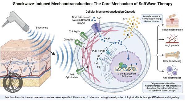 Diagram of shockwave-induced mechanotransduction and its biological effects.