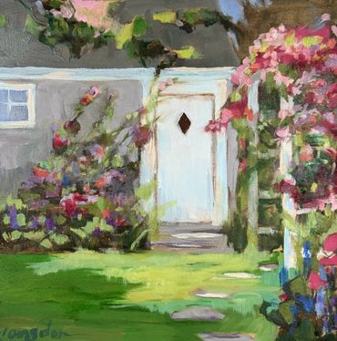 Roses over Garden Gate, 12"sq, $250